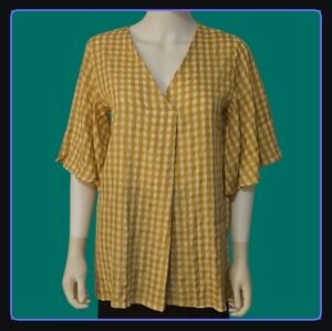 Susan BETRO Mustard Yellow Gingham Flare Sleeve Festival Blouse